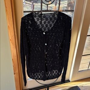 Harold's Vintage Hand Crochet 100% Rayon Black Open-Knit Button Sz L Cardigan
